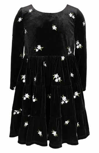 Zunie Kids' Floral Embroidered Long Sleeve Velvet Dress