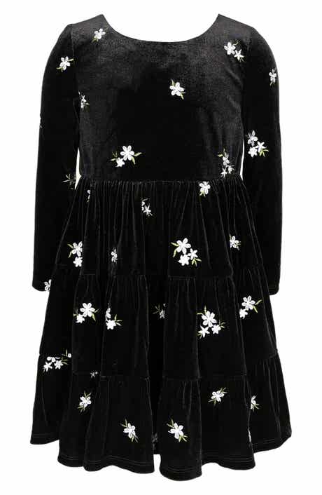 Zunie Kids' Floral Embroidered Long Sleeve Velvet Dress