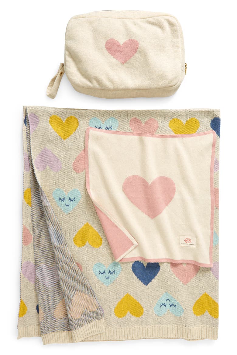Smiley Hearts Organic Cotton Baby Blanket & Travel Pouch Set, Main, color, PINK/ YELLOW