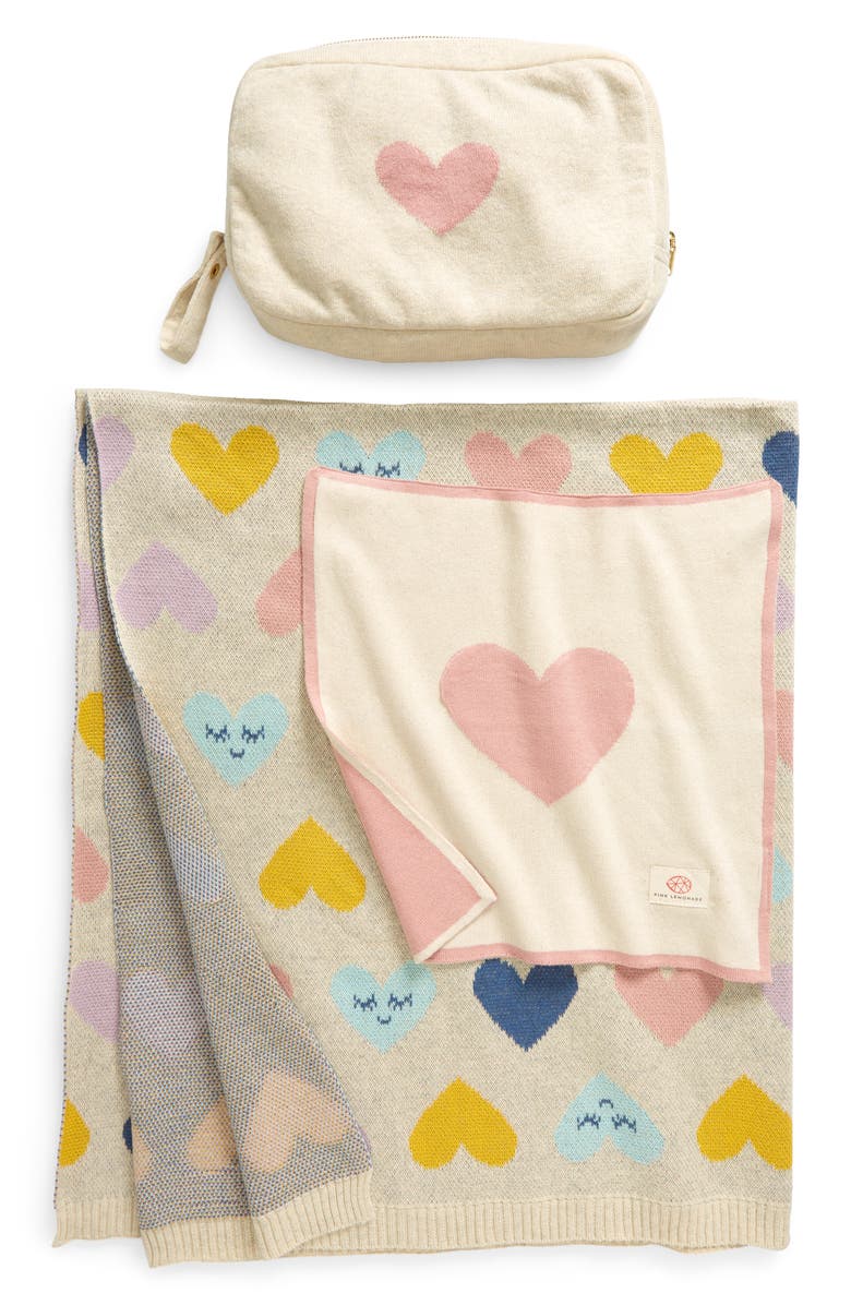 Pink Lemonade Smiley Hearts Organic Cotton Baby Blanket & Travel Pouch Set, Main, color, Pink/ Yellow