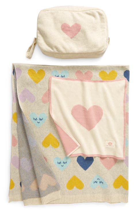 Smiley Hearts Organic Cotton Baby Blanket & Travel Pouch Set