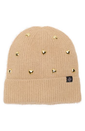 Nanette Lepore Heart Studs Knit Cuffed Beanie In Brown
