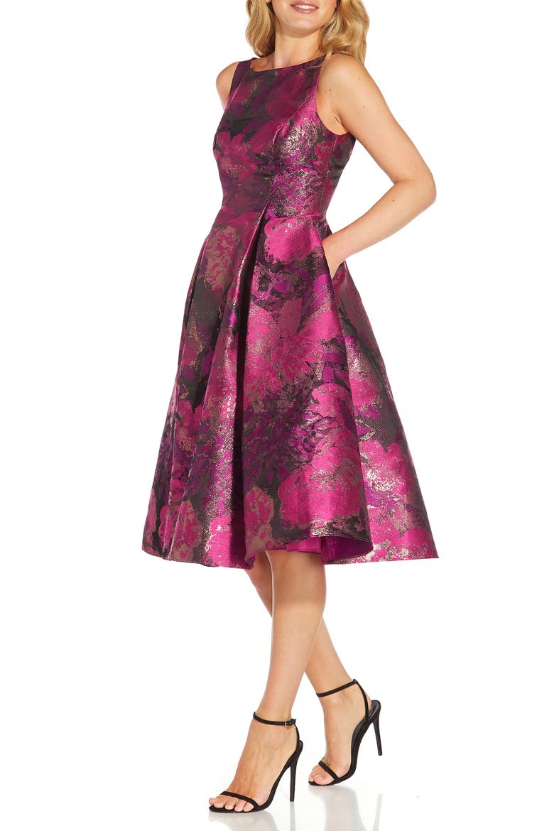 Metallic Floral Jacquard Fit & Flare Dress, Alternate, color, MAGENTA/ ORCHID MULTI
