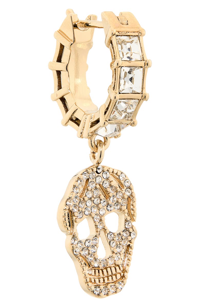 McQueen Pavé Skull Hoop Drop Earrings, Alternate, color, Pale Gold