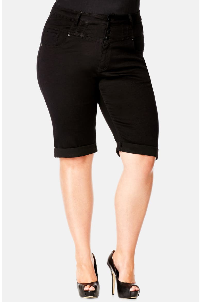 High Waist Denim Bermuda Shorts, Main, color, BLACK