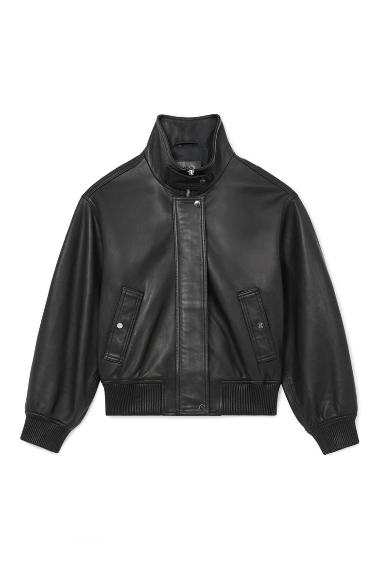 Cara Leather Bomber Jacket, Alternate, color, BLACK