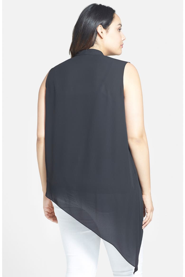 Print Sleeveless Asymmetrical Crepe Wrap Front Blouse, Alternate, color, BLACK