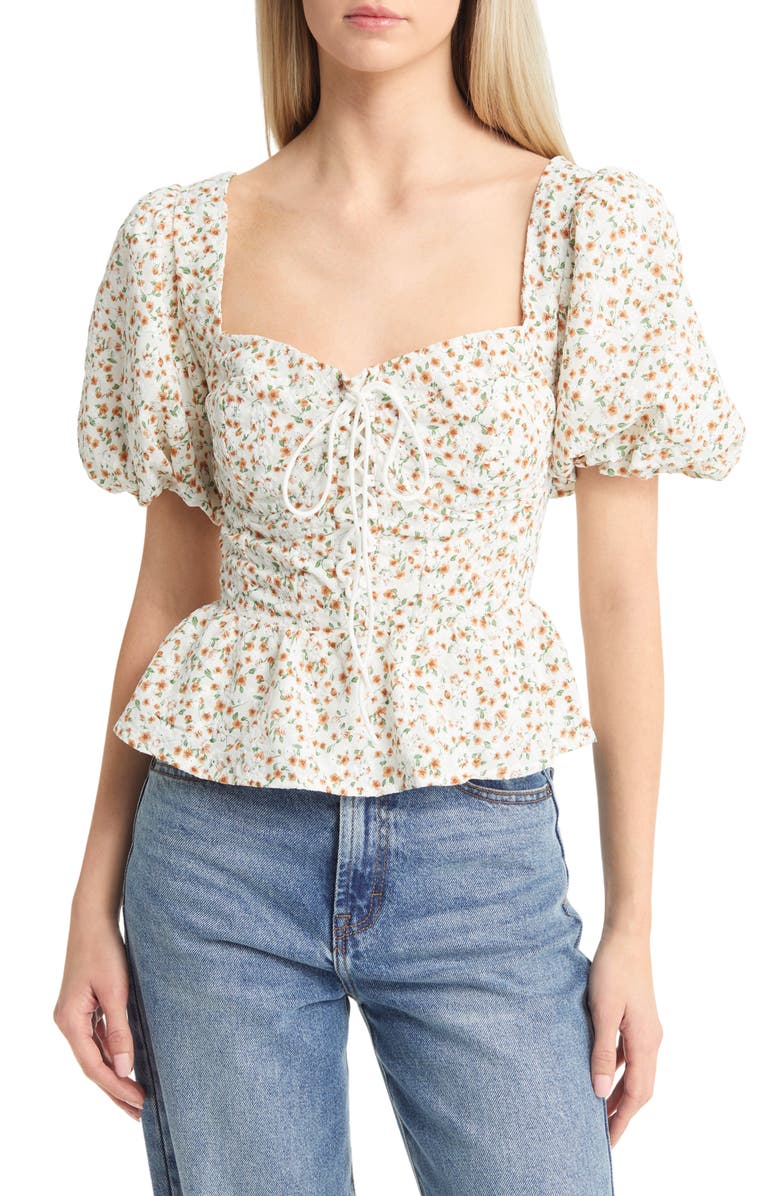 ASTR the Label Floral Puff Sleeve Lace-Up Corset Crop Top, Main, color,