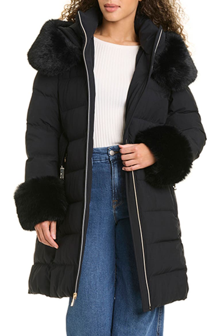 Belted Puffer Coat with Removable Faux Fur Trim, Alternate, color, BLACK