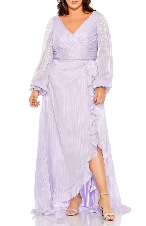 High-Low Ruffle Hem Dress with V-Neck & Semi-Sheer Long Sleeves