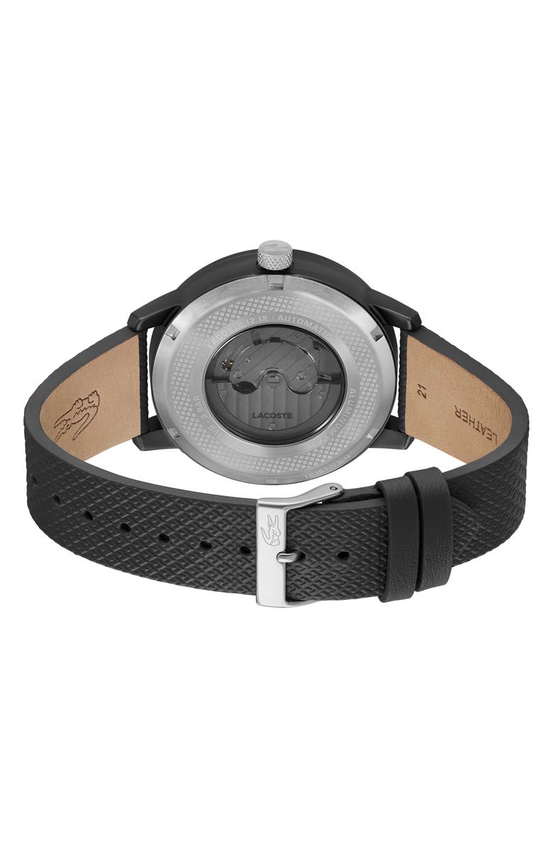 Lacoste 12.12 Automatique Leather Strap Watch, 44mm, Alternate, color, Black