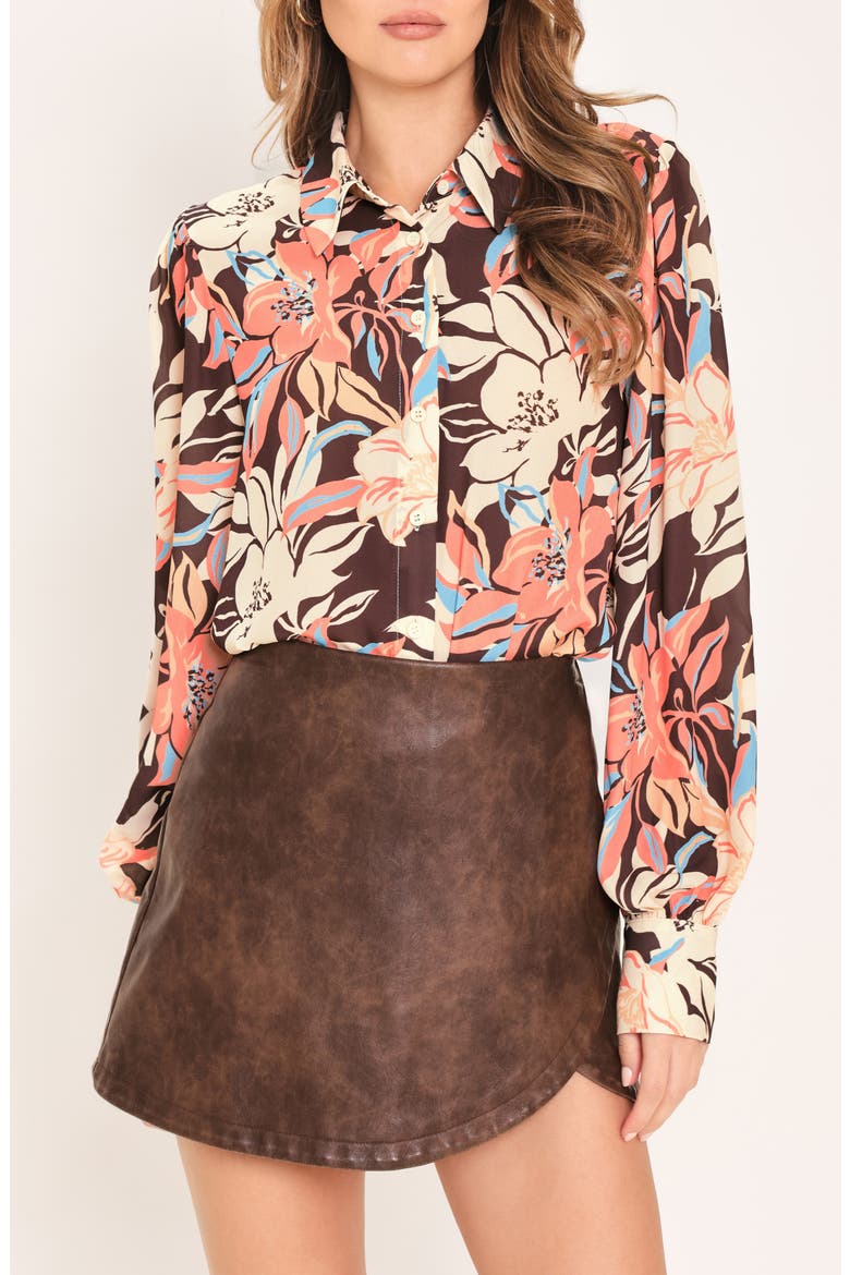 Floral Button Front Shirt, Main, color, DARK BROWN