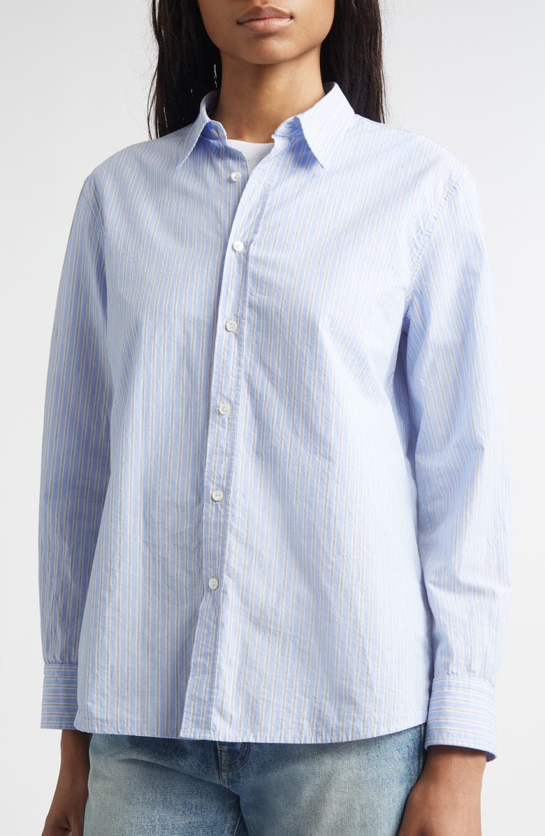 Nili Lotan Raphael Stripe Cotton Button-Up Shirt, Alternate, color, Ciel Stripes