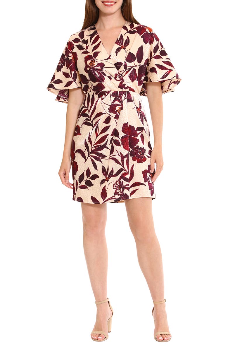 London Times Floral Flutter Sleeve Satin Faux Wrap Dress | Nordstromrack