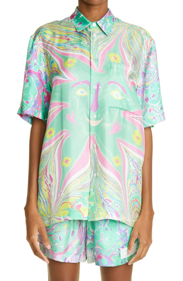 Stella McCartney x Myfawnwy Unisex Shared 3 Ricky Marble Print Silk Button-Up Shirt, Main, color,