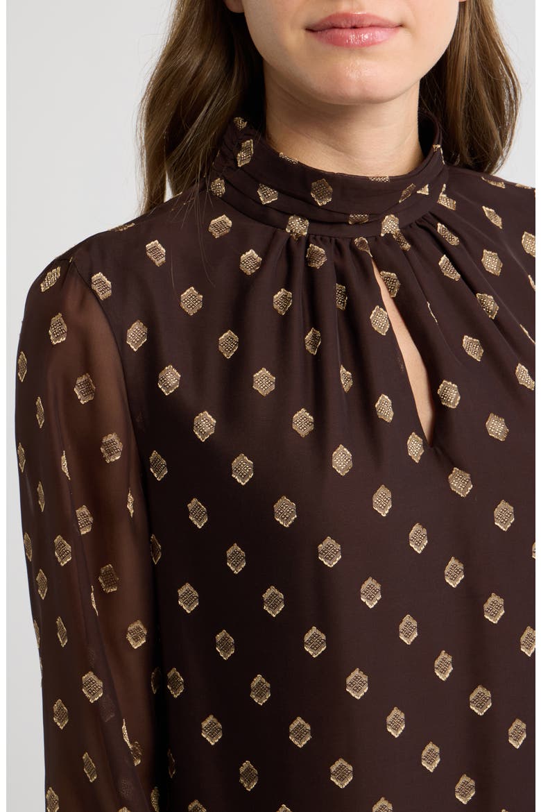 Metallic Shirred Mock Neck Keyhole Top, Alternate, color, DEEP MAHOGANY / GOLD
