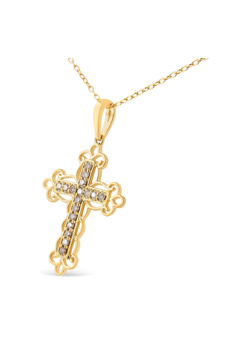10K Yellow Flashed Silver 1/4 Cttw Champagne Diamond Filigree Cross Pendant Necklace, Alternate, color, Yellow