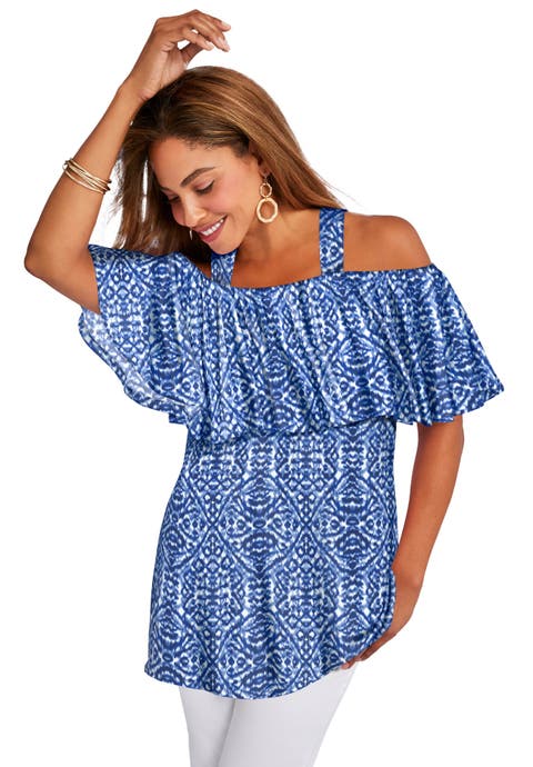Stretch Knit Cold Shoulder Ruffle Tunic (Plus Available)