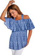 Jessica London Stretch Knit Cold Shoulder Ruffle Tunic