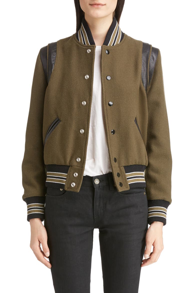 Leather Trim Classic Teddy Jacket, Main, color, KHAKI/ BLACK