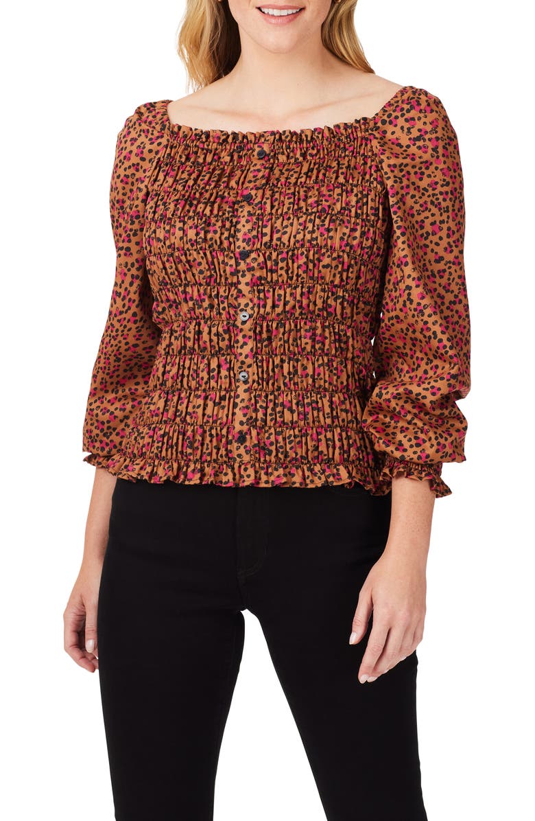 Foxcroft Olivia Smocked Cheetah Print Blouse, Main, color, Black Multi