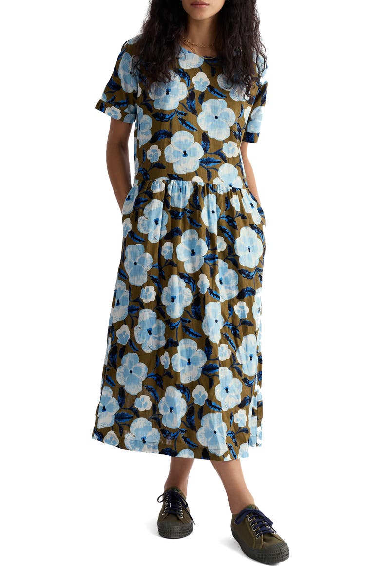 Brouse Floral Print Organic Cotton Midi Dress, Main, color, SPRING PANSY SEAGRASS