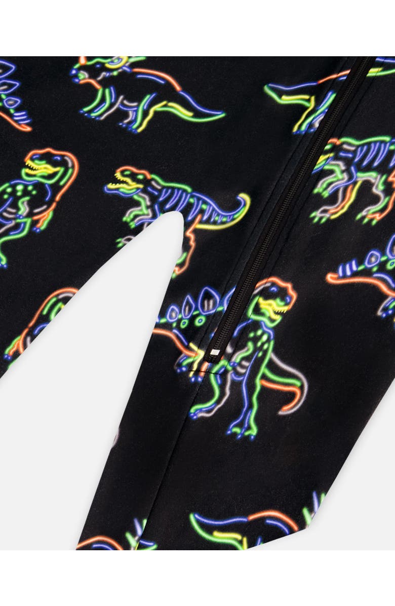 Deux par Deux Little Boy's One Piece Thermal Underwear Black Printed Neon Dino, Alternate, color,