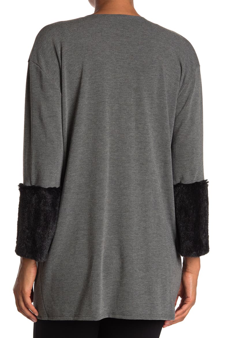 Long Sleeve Double Stitch Faux Fur Cardigan, Alternate, color, CHARCOAL BTTM BLACK