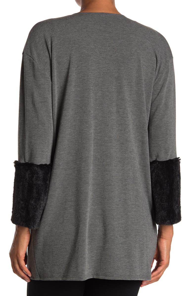 GO COUTURE Long Sleeve Double Stitch Faux Fur Cardigan, Alternate, color, Charcoal Bttm Black