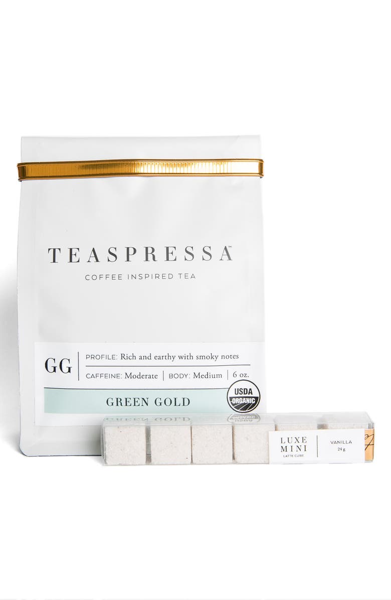 Teaspressa Green Gold Loose Tea & Vanilla Luxe Latte Sugar Cube Set, Main, color, 