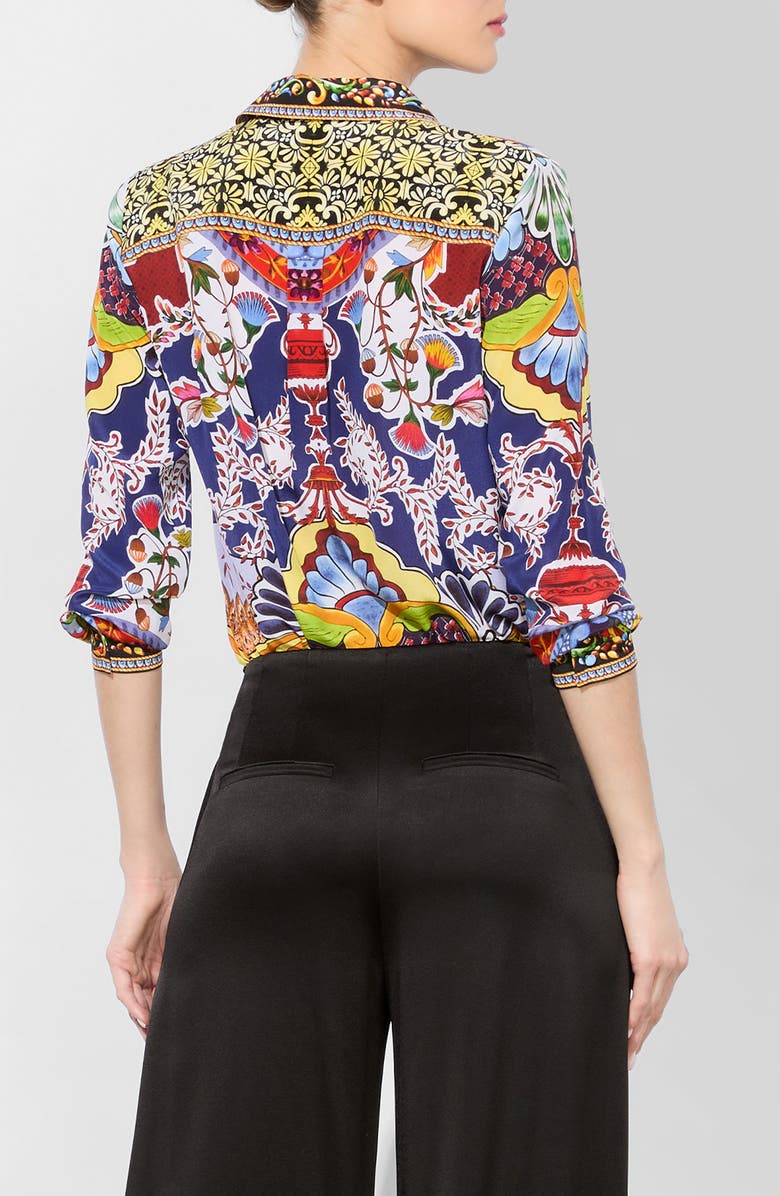 Alice + Olivia Willa Mixed Print Silk Button-Up Shirt, Alternate, color,