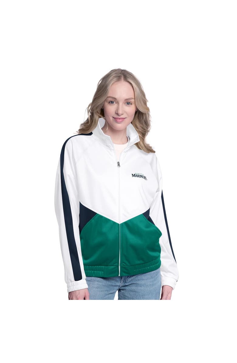 G-III SPORTS BY CARL BANKS Women's G-III Sports by Carl Banks White/Navy Seattle Mariners Rally Rhinestone Raglan Full-Zip Track Jacket, Alternate, color, White
