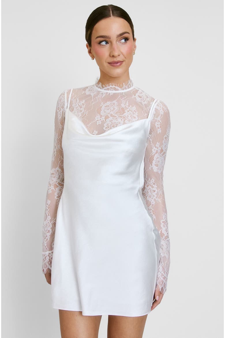 Lace Sleeve Satin Mini Dress, Main, color, White