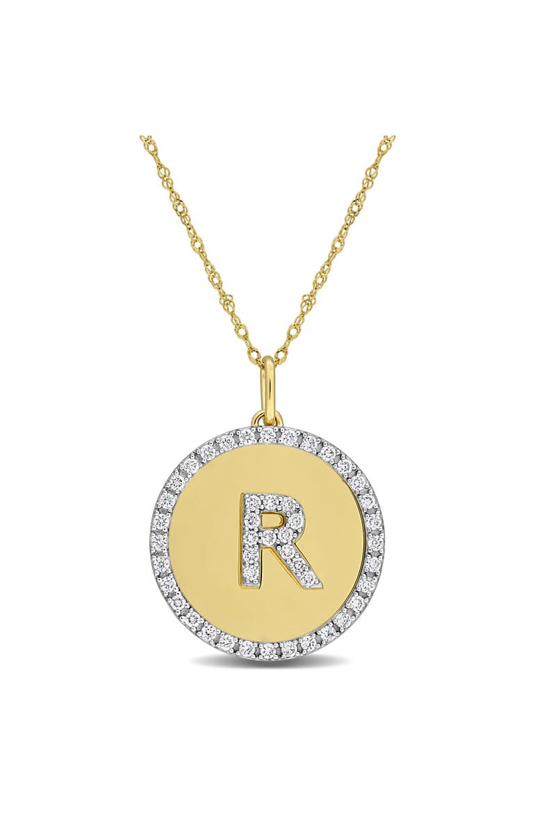 Lab-Grown Diamond Initial "R" Halo Necklace 14k, Main, color, Yellow Gold