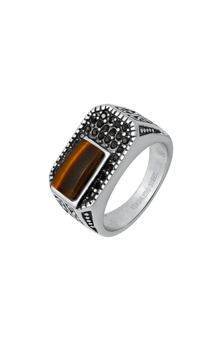 HMY JEWELRY Men's Tiger's Eye & CZ Ring, Alternate, color, Brown/ Silver