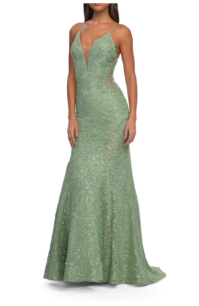La Femme Mermaid Beaded Lace Prom Dress with Illusion Sides, Alternate, color, Sage