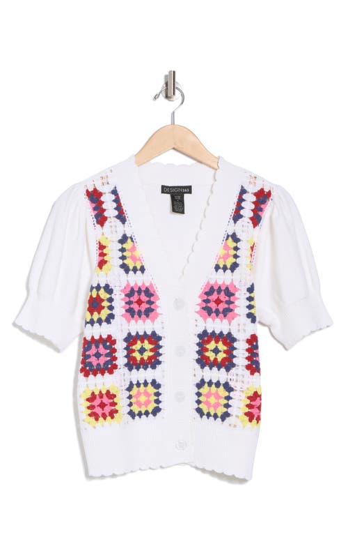 Design History Crochet Square Short Sleeve Cardigan In White Combo
