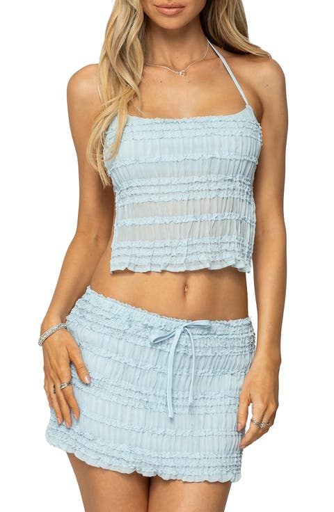 Mari Ruffle Chiffon Tie Back Crop Halter Top