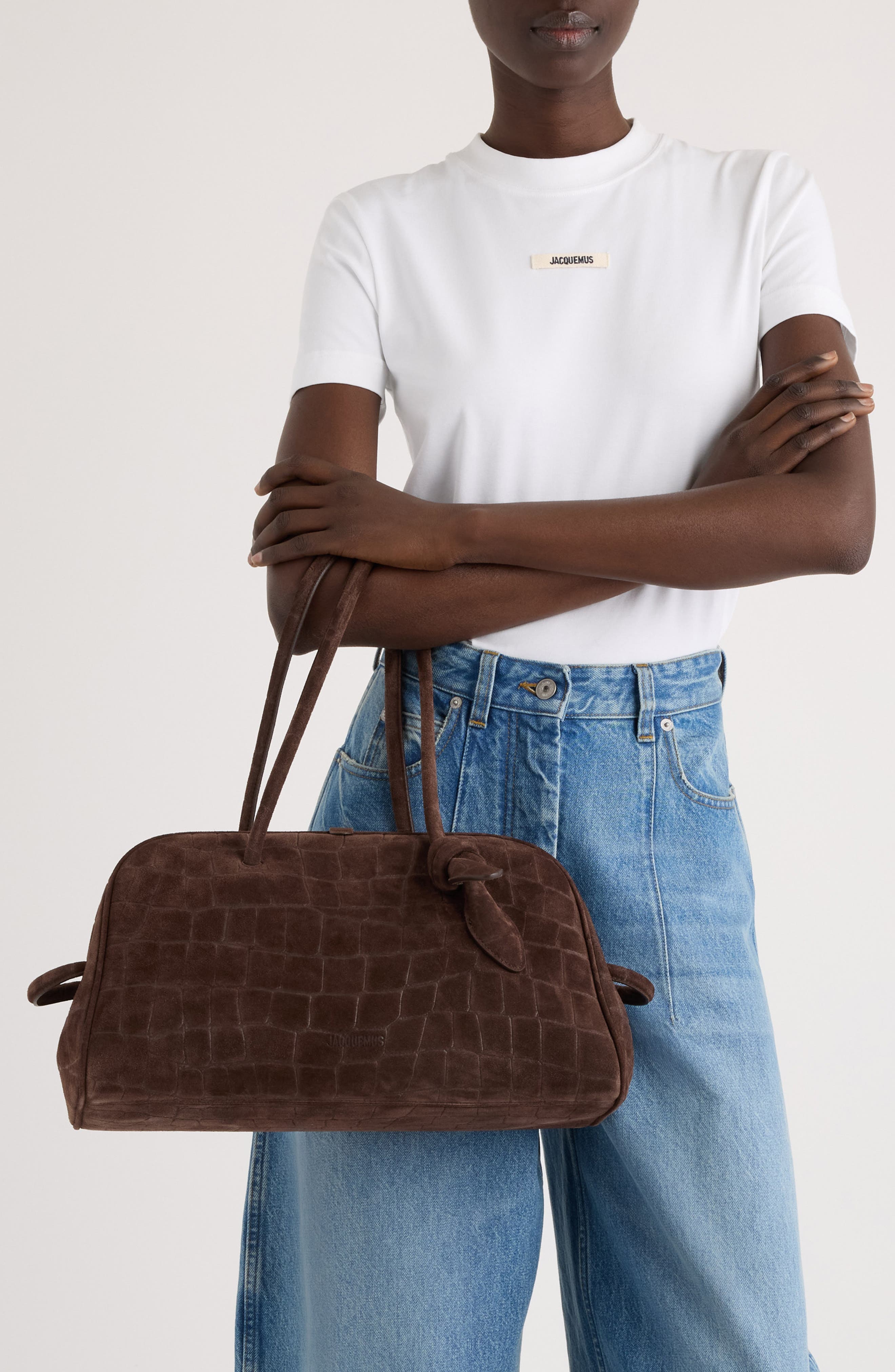 Jacquemus Le Turismo Croc Embossed Suede Bowling Bag, Alternate, color, Dark Brown 880