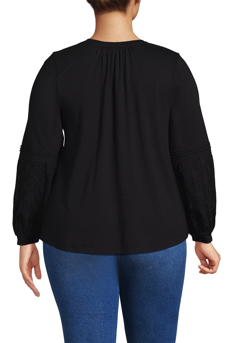 Lightweight Jersey Lace Mix Long Sleeve Pintuck Top, Alternate, color, Black