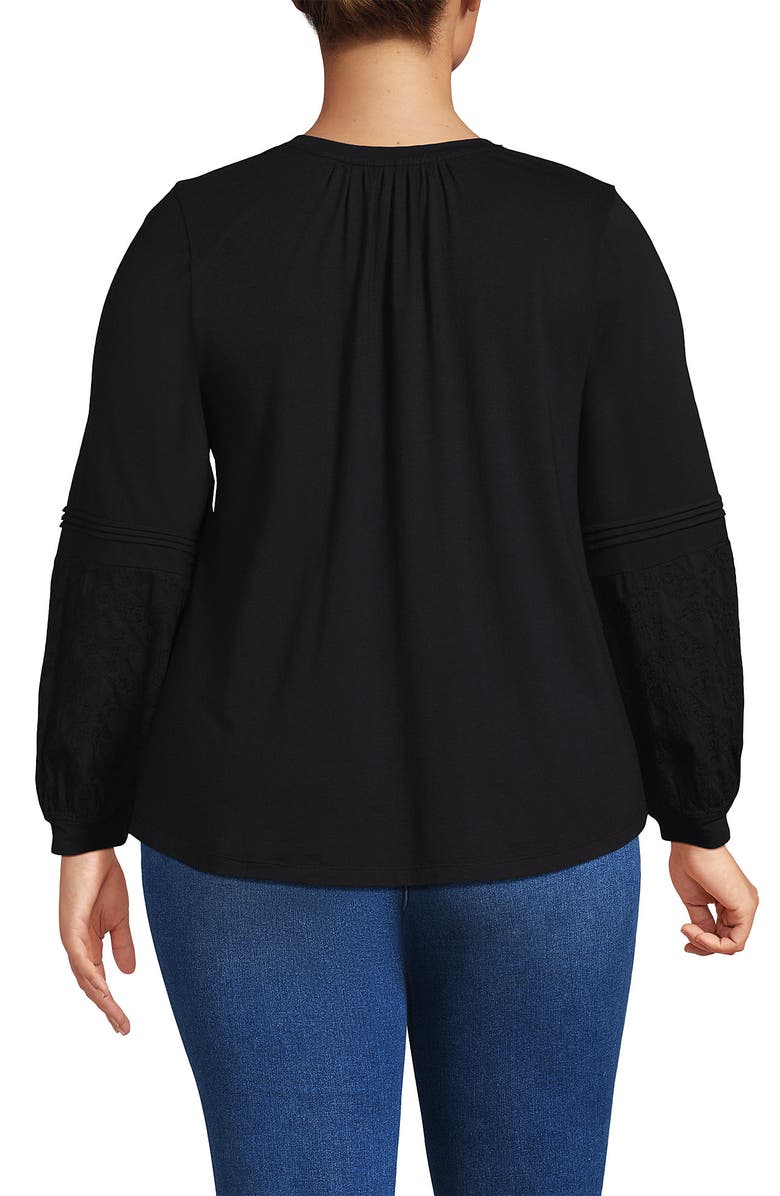 Lands' End Lightweight Jersey Lace Mix Long Sleeve Pintuck Top, Alternate, color, Black