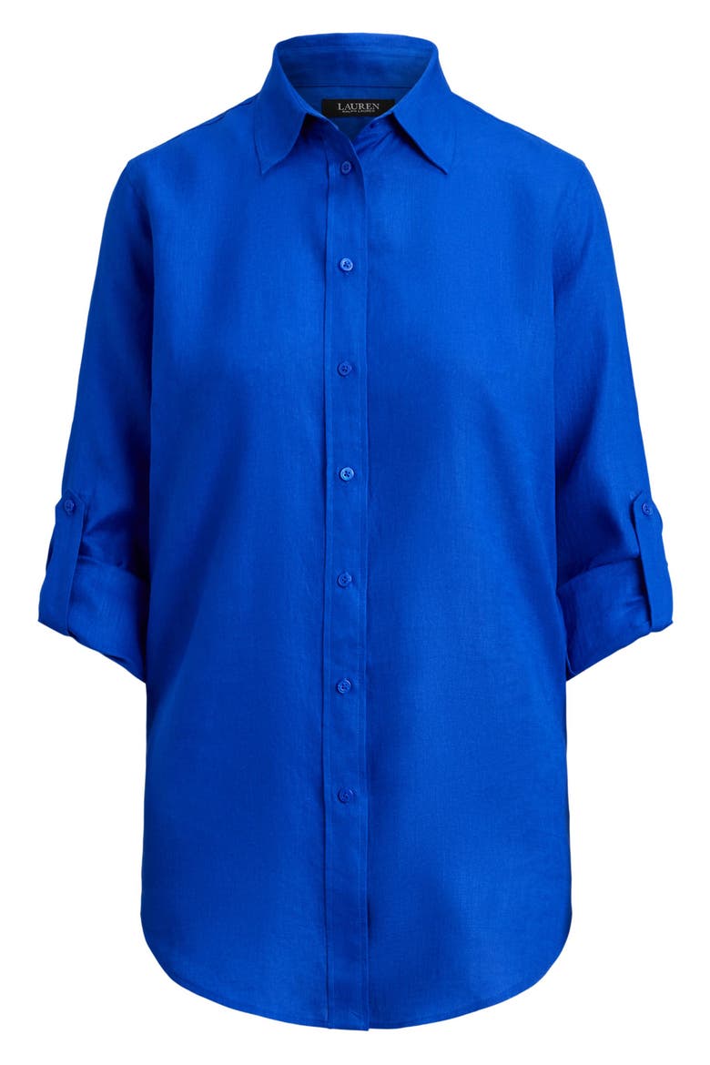 Relaxed Fit Linen Roll Tab Sleeve Shirt, Alternate, color, BLUE