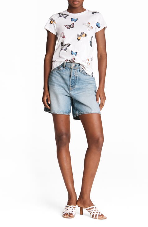 Maya High Waist Raw Hem Denim Shorts (Tulip)