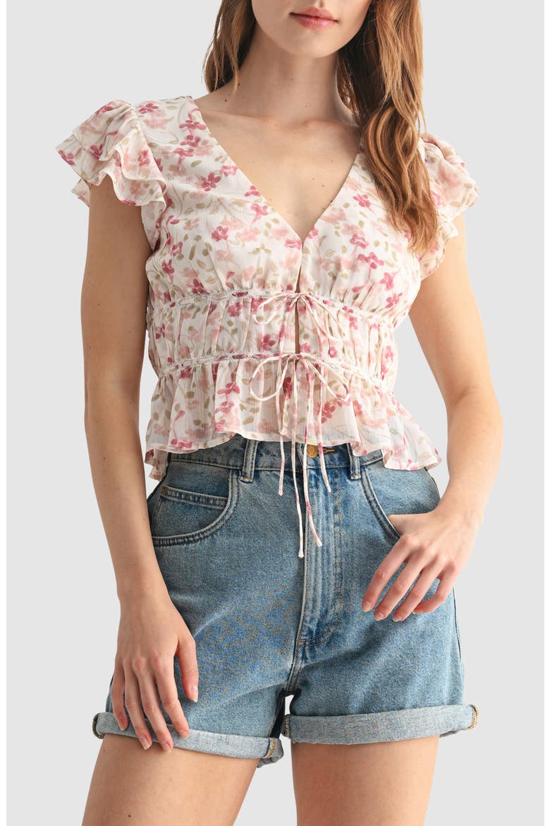 Floral Print Flutter Sleeve Lace Shirt, Main, color, CREAM MAUVE