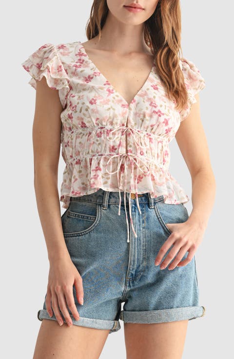 Floral Print Flutter Sleeve Lace Shirt