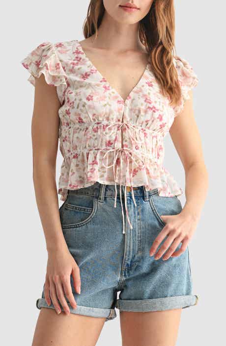 All in Favor Floral Print Flutter Sleeve Lace Shirt