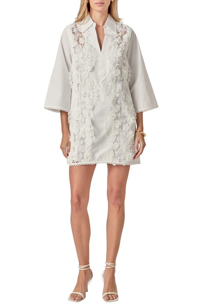English Factory Lace Trim Mini Shirtdress, Main, color, White