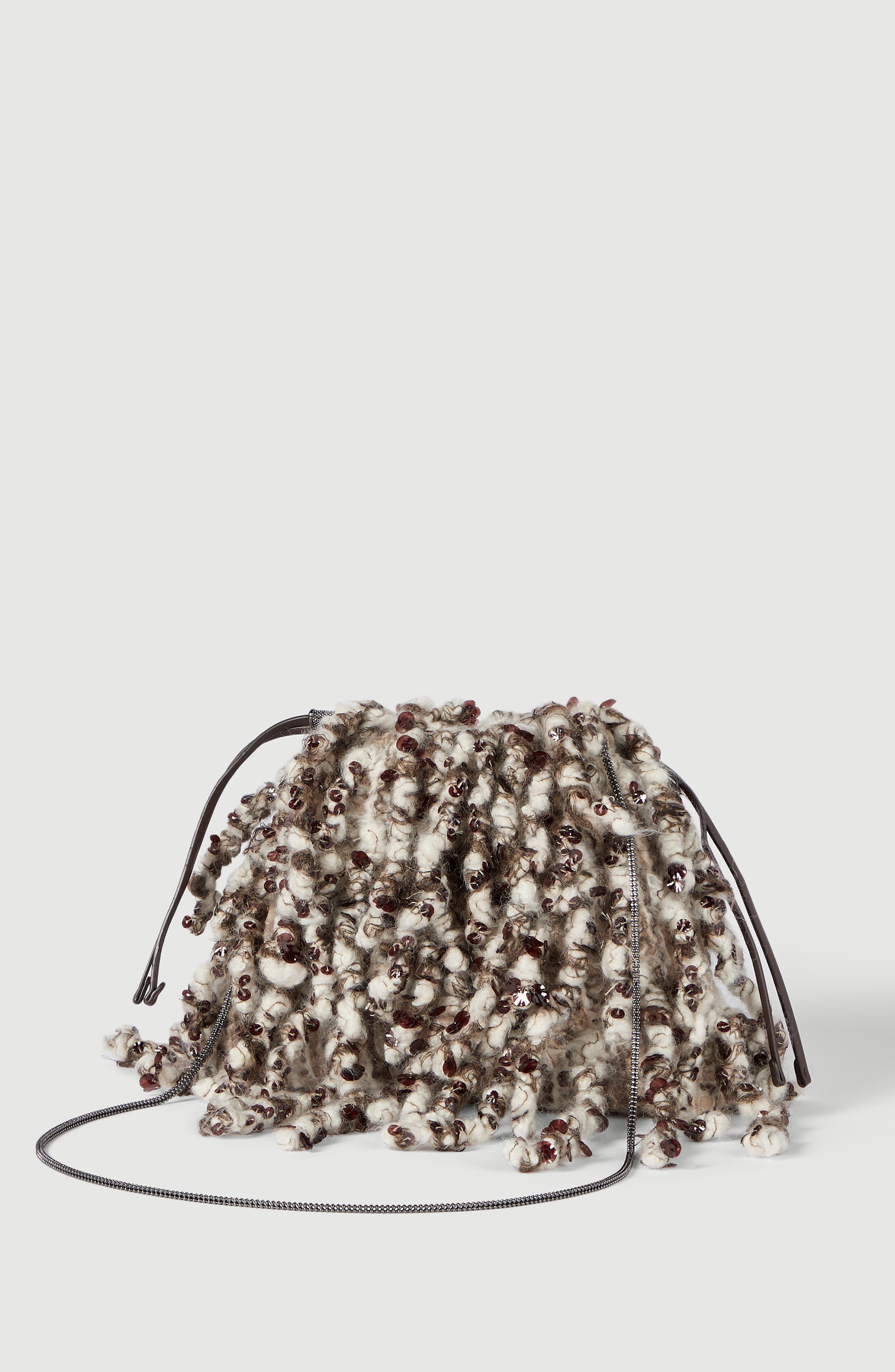 Dazzling Twist Embroidery pouch bag with precious chain, Alternate, color, Brown