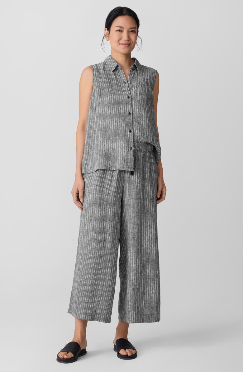 Eileen Fisher Stripe Organic Linen Crop Wide Leg Pants, Alternate, color, Black/ White