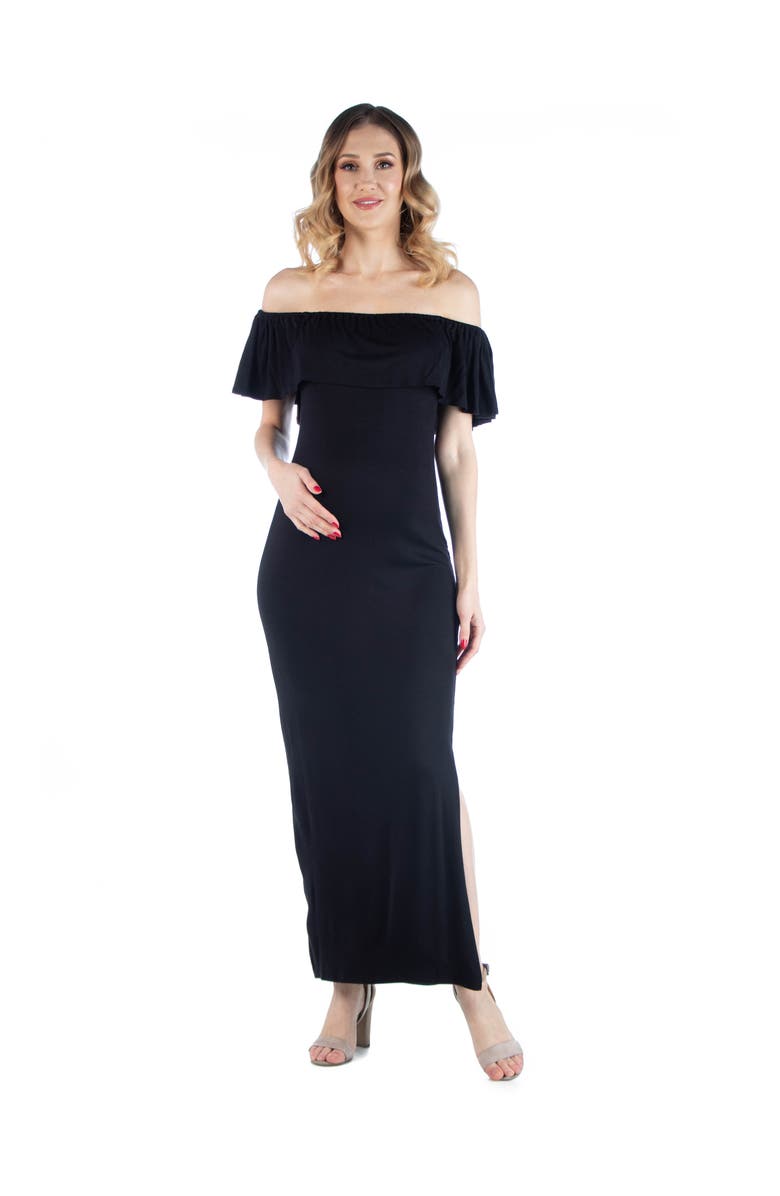 24seven Comfort Apparel Maternity Off Shoulder Ruffle Detail Maxi Dress, Main, color, Black
